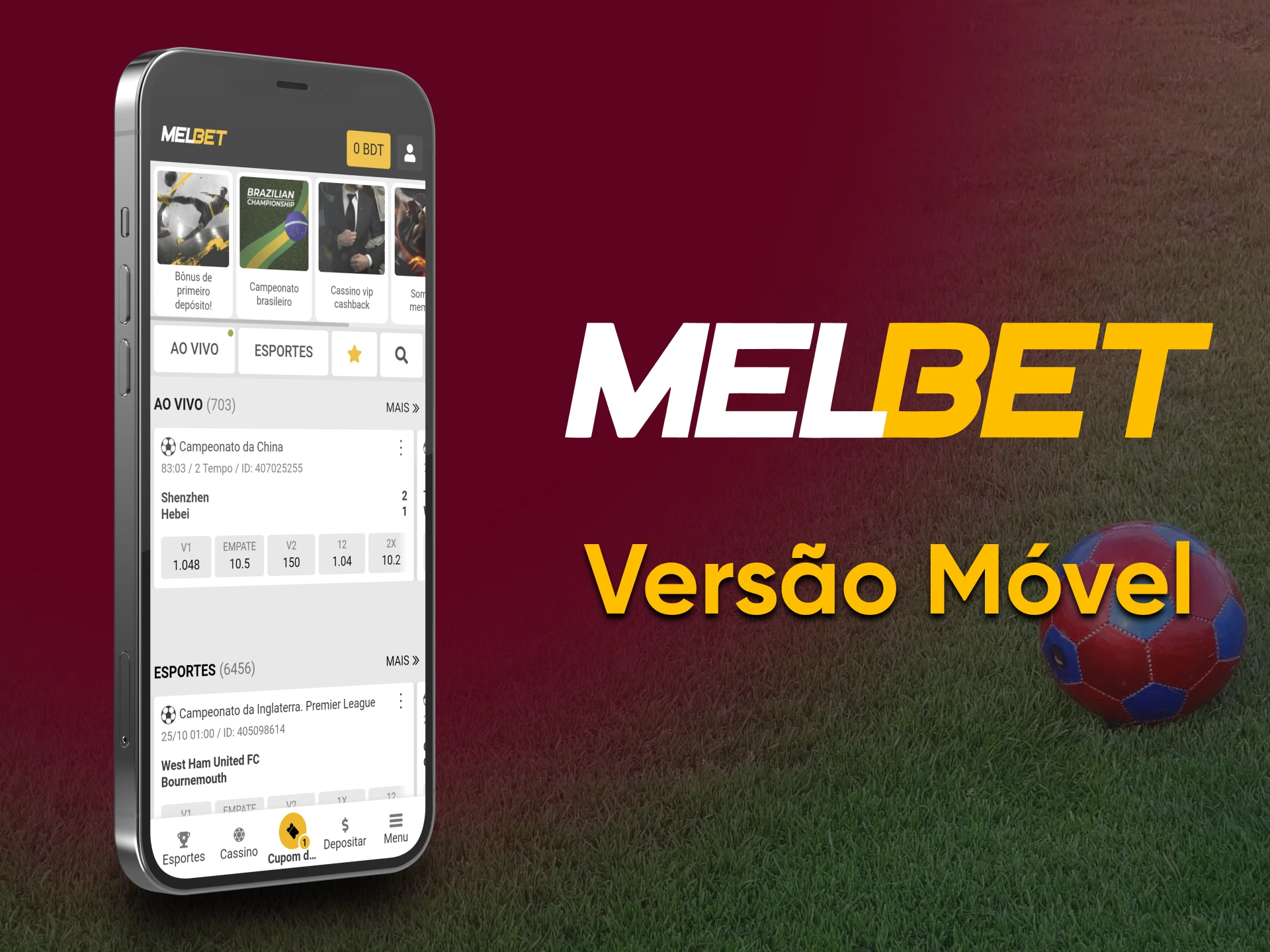 Versão Web do site da casa de apostas Melbet em um smartphone.