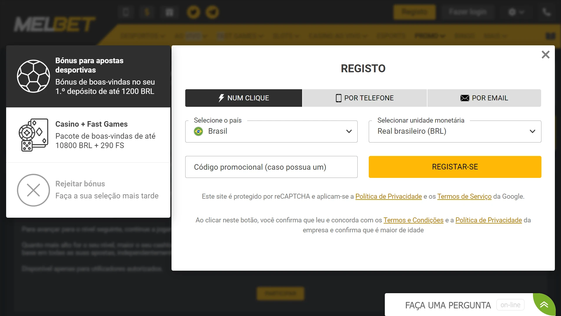 Choose the Melbet registration method.