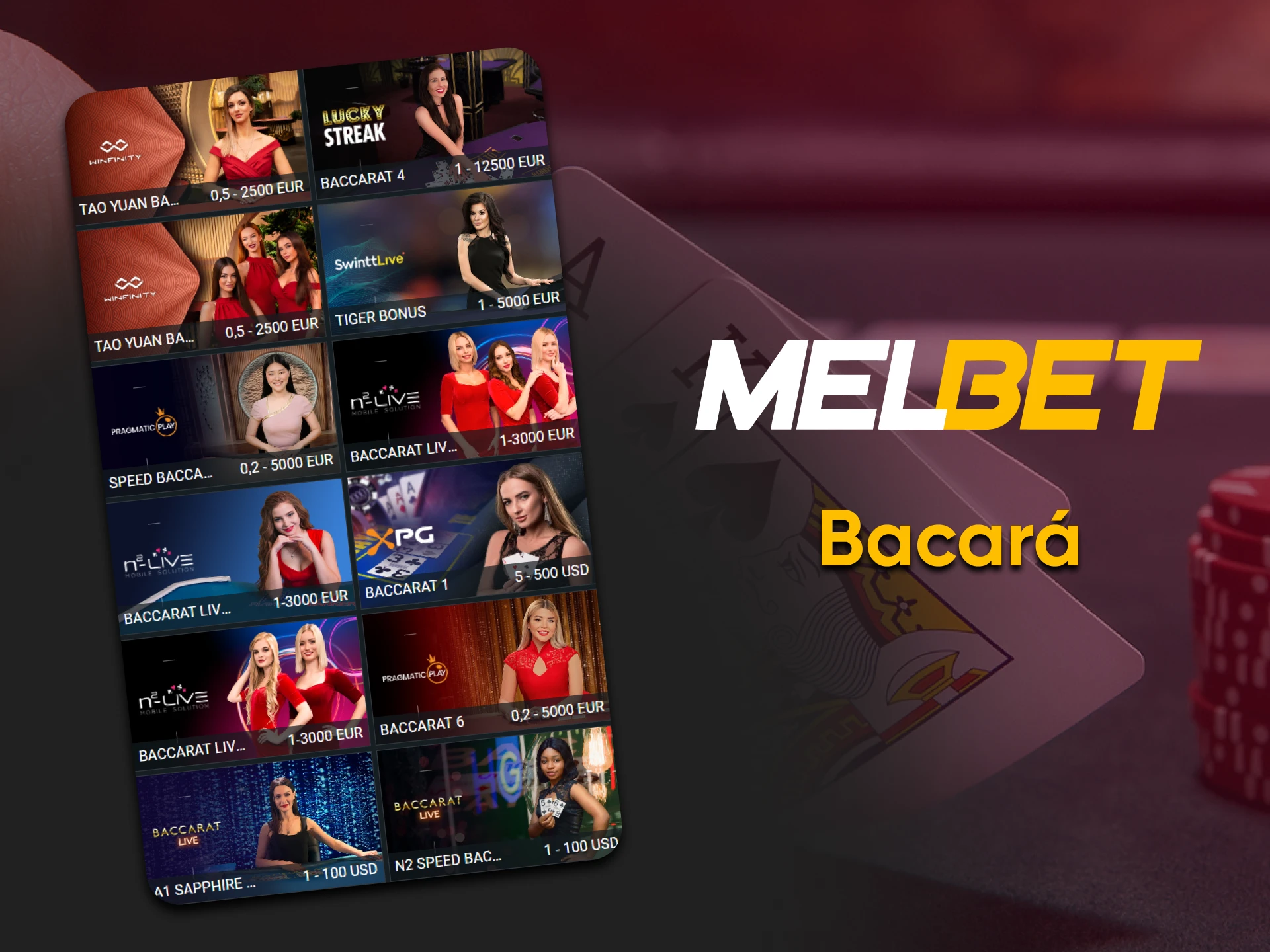 Para jogos de cassino ao vivo na Melbet, escolha Baccara.