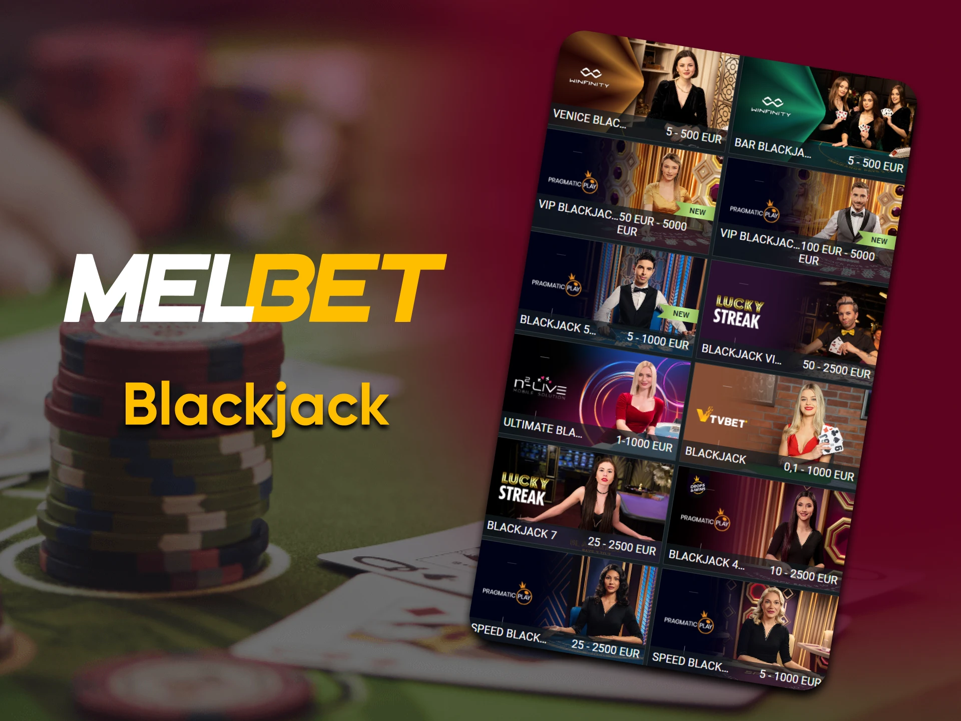 Para jogos de cassino ao vivo na Melbet, escolha Blackjack.