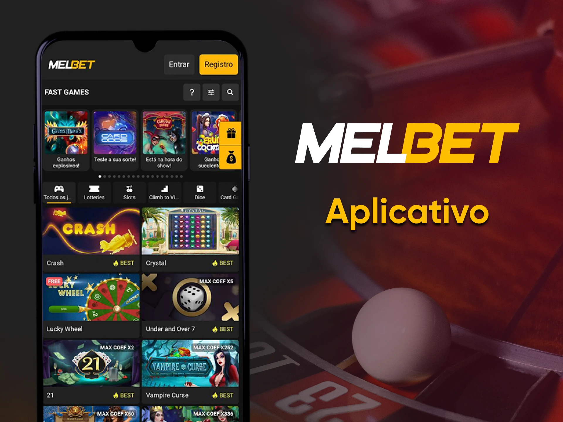 O aplicativo Melbet tem uma seção com jogos de cassino.
