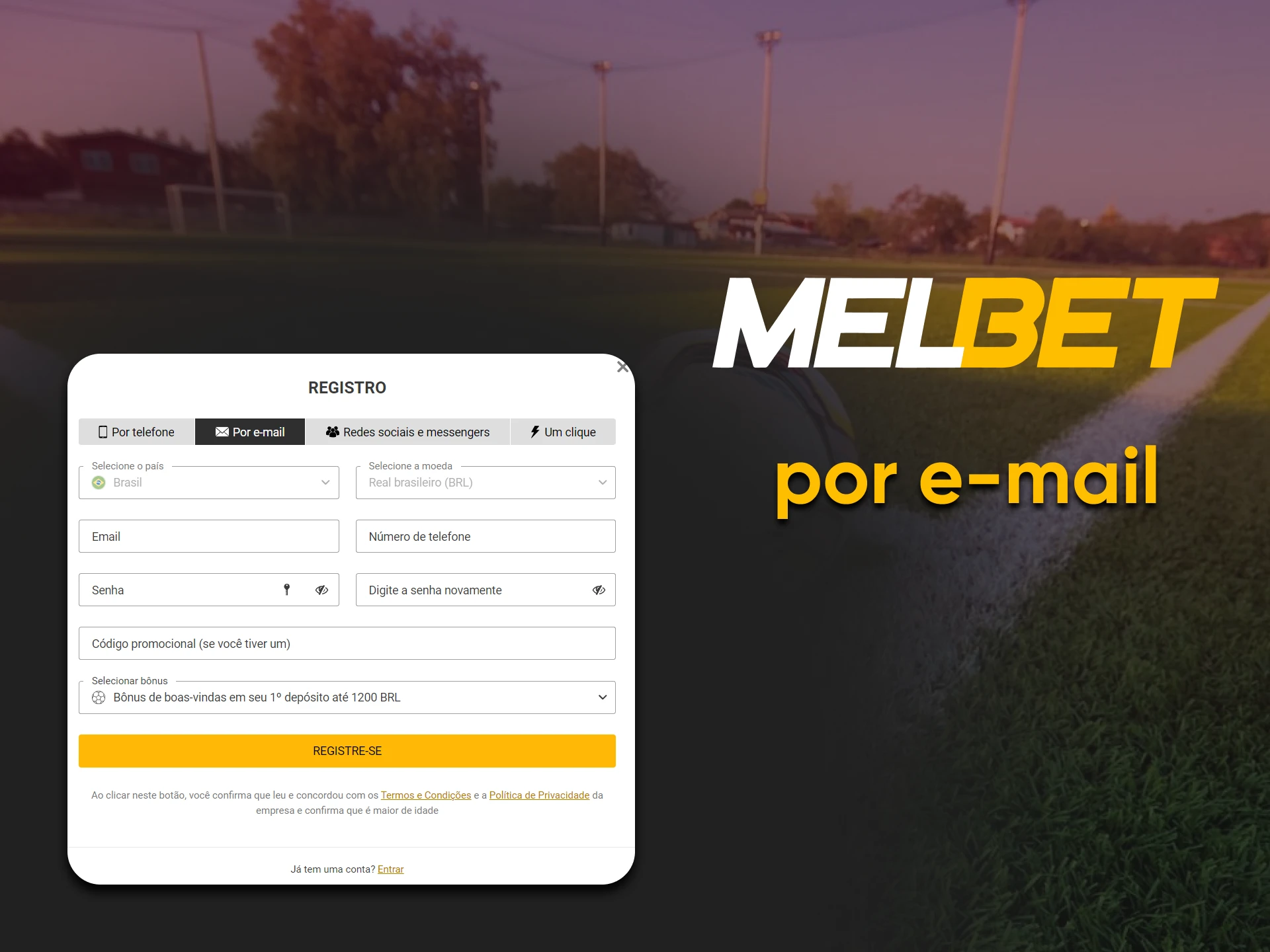 Register with Melbet by e-mail.