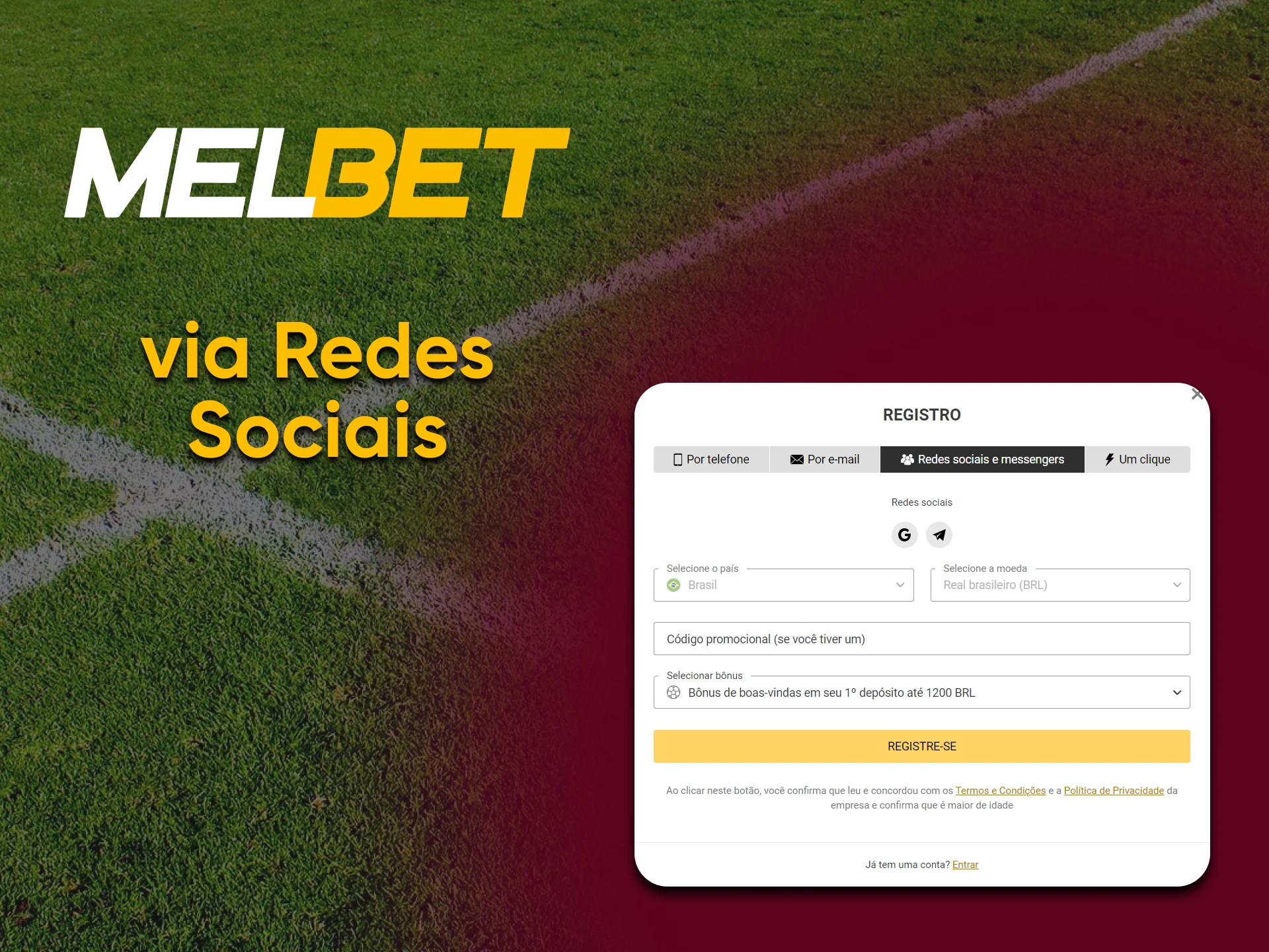 To register with Melbet you can use social networks.