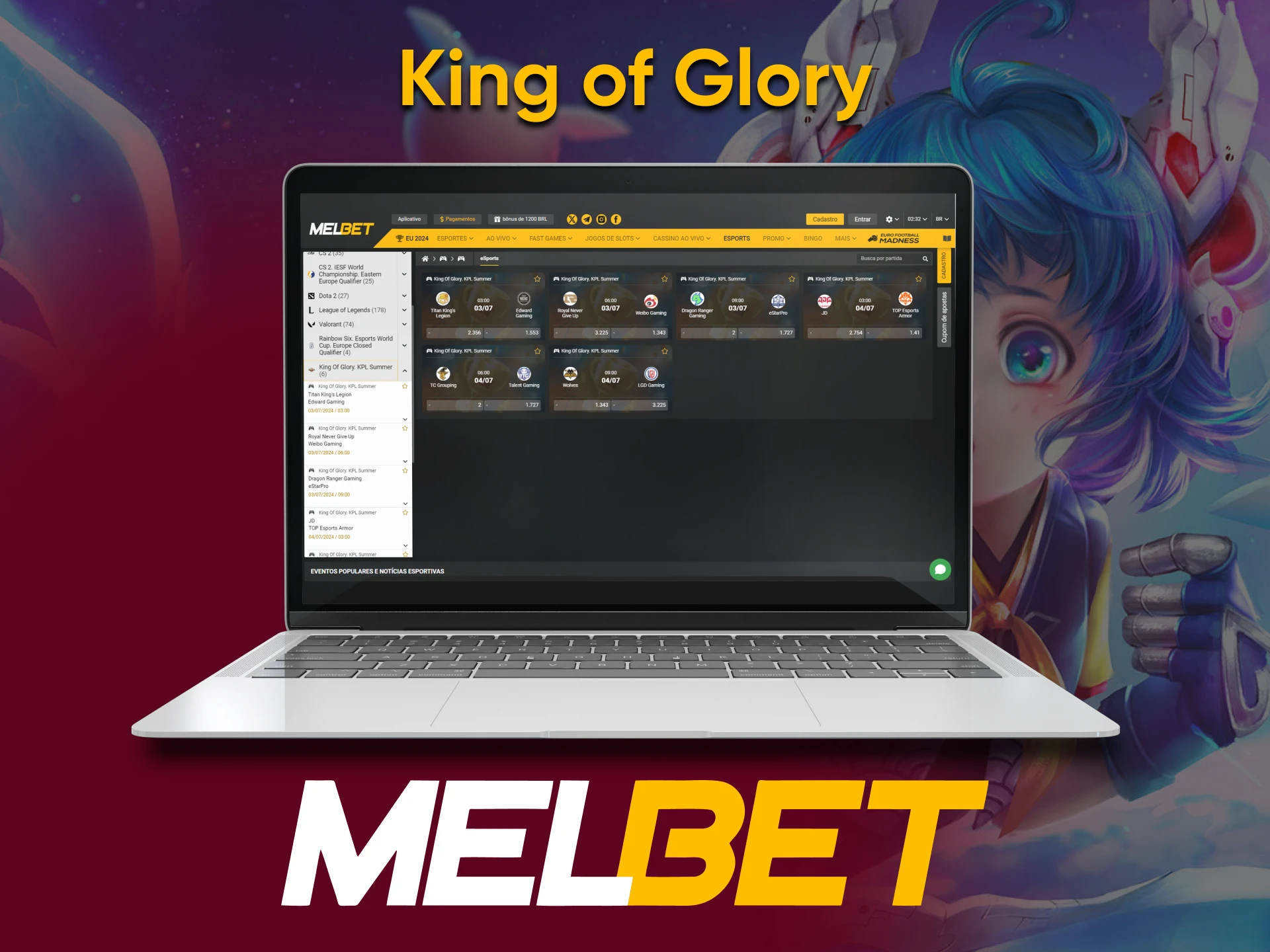 Para apostas em eSports da Melbet, escolha King of Glory.